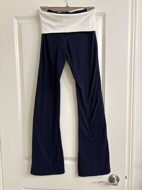 Brandy Melville Navy Flare Pants with White Fold-Over Waistband